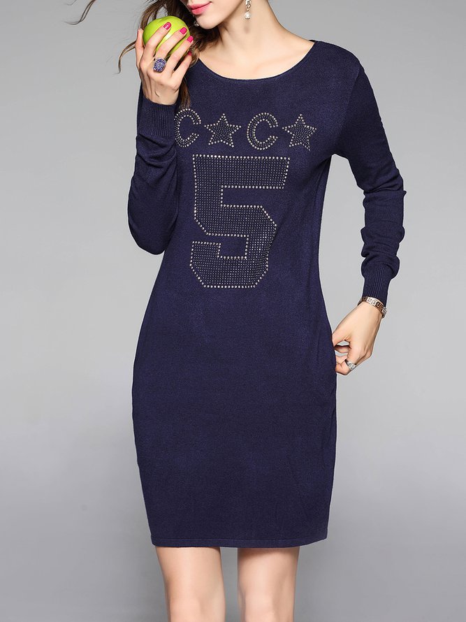 Navy Blue Sheath Long Sleeve Casual Sweater Dress